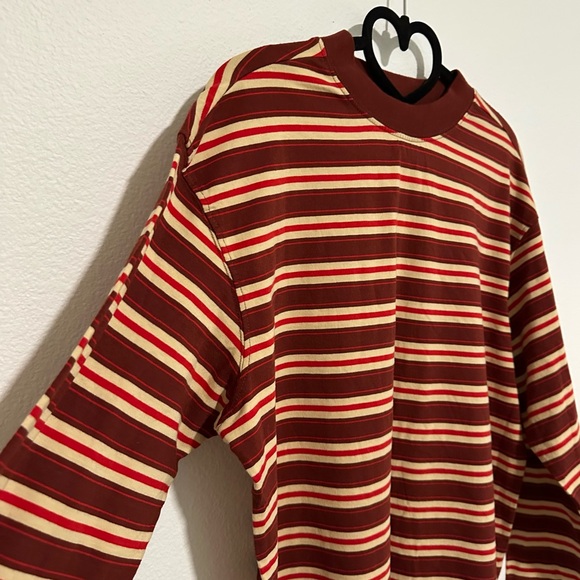 NWT BP Maroon Red Cream Mock Neck Striped Organic Cotton Top Size M - Picture 3 of 8
